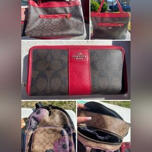 Coach Brown Signature Wallet with Red Trim and Center Stripe